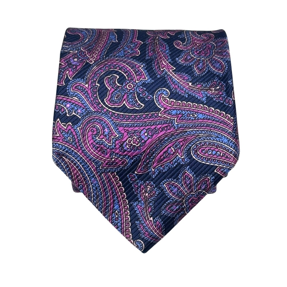 David Donahue Necktie Mens Navy Purple Paisley 100% Silk Handmade USA Formal